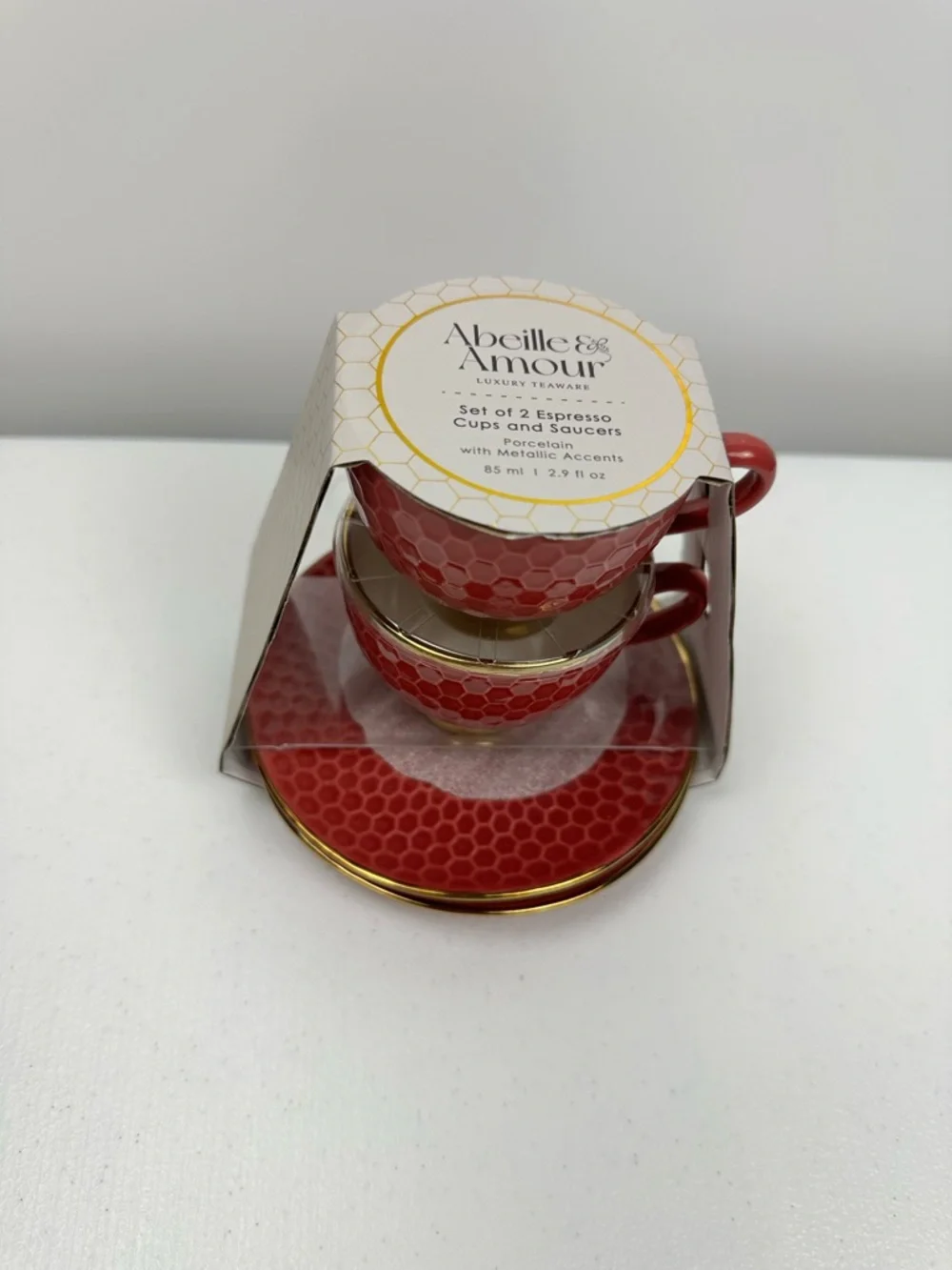 Abeille & Amour Luxury Teaware-Set of 2 Espresso Cups & Saucers - Red‎ Porcelain